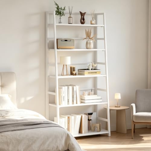 JSB 5 Tier Bookshelf, No Assembly Folding Ladder Bookshelf, 51.6in Tall Foldable Ladder Shelf, Bookcase for Home Office, Living Room,Space-Saving (All White, 5 Tier) - color: All White