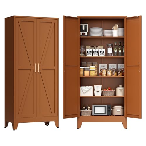 COFaR 5 Tier Metal Kitchen Storage Cabinets, 71" Pantry Cabinet with Doors and 4 Adjustable Shelves, Farmhouse Tall Cabinet for Pantry, Laundry Room,Living Room,Dinning Room (Antique Copper) - color: Antique Copper, size: 71" Farmhouse
