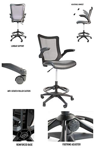 OfficeFactor Drafting Chair Tall Office Chair, 300 lb Capacity Standing Desk Chair, Adjustable & Ergonomic Desk Chair, Flip-Up Armrests, Mesh Back, Comfortable Leather (Black) - color: Black Drafting Chair