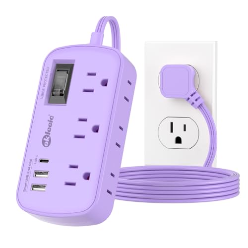 Purple Extension Cord with USB C - 5 FT Flat Power Strip - size: 5 FT, style: 6AC+2U1C-Purple-45°Plug