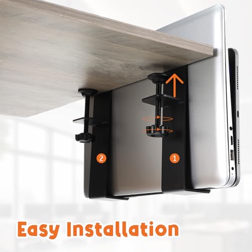 2 Pack Adjustable Desk Side Laptop Holder, Heavy-Duty Metal Desk Side Storage, Hanging Organizer with Tool-Free Clamp (6.97"x1.77", Black)