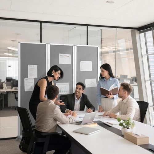MAKELLO Partition Room Dividers 71"x71", Mobile Cubicle Wall, Gray Felt | 3 Panel Trifold Privacy Panel, Aluminum Frame, Sound Proof, Pinboard, Portable Temporary Wall for Office, Home, Classroom - color: Grey