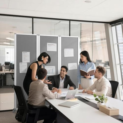 MAKELLO Partition Room Dividers 71"x71", Mobile Cubicle Wall, Gray Felt | 3 Panel Trifold Privacy Panel, Aluminum Frame, Sound Proof, Pinboard, Portable Temporary Wall for Office, Home, Classroom - color: Grey