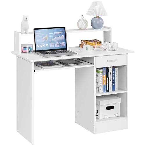 Yaheetech Computer Desk with Keyboard Tray, Drawers, and Shelves, White | This Desk Has a Pull-Out Keyboard Tray, a Drawer, and an Adjustable Open Shelf for Books, Files, and Home Office Supplies. - color: White