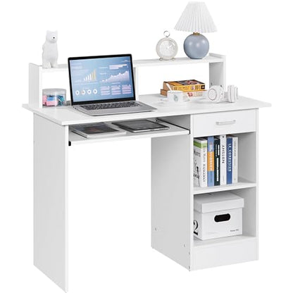 Yaheetech Computer Desk with Keyboard Tray, Drawers, and Shelves, White | This Desk Has a Pull-Out Keyboard Tray, a Drawer, and an Adjustable Open Shelf for Books, Files, and Home Office Supplies. - color: White