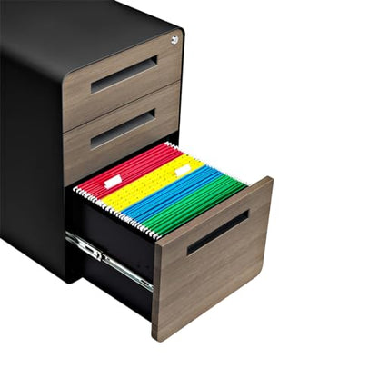 Laura Davidson Furniture Stockpile 3 Drawer File Cabinet with Lock - Under Office Desk Metal Filing Cabinet, Legal/Letter File Folders, Wheels and Stationary Feet, Pre-Assembled, Black/Wood - color: Black/Wood