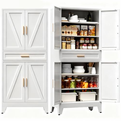 COFaR 71" Tall Kitchen Pantry, Farmhouse Storage Cabinet with Doors and Shelves, Metal Cabinet with Drawers and Legs, for Cupboard/Dining Room/Bathroom/Living Room/Office/Laundry Room (White). - color: White, size: 71" Farmhouse 4 Doors & Drawer