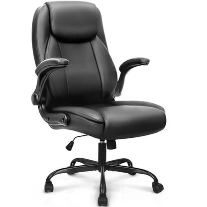 NEO CHAIR Office Desk Chair, High Back PU Leather with Flip-up Arms, Black | Ergonomic Tall Computer Desk Chair Comfy, Height Adjustable, Swivel Rolling Wheels for Office Home Gaming Study - color: Black