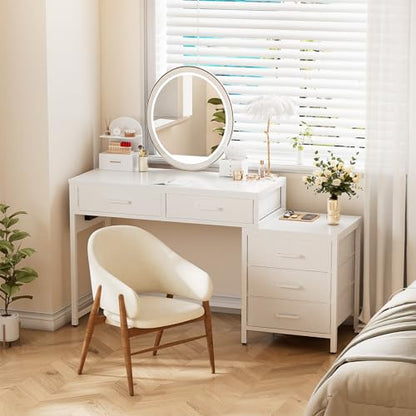 Unikito Reversible Computer Desk with 5 Drawers, Sturdy Office Desk with Power Outlets and USB Ports, Study Writing Table with File Cabinet & Printer Stand, Vanity Desk with Storage, White - color: White