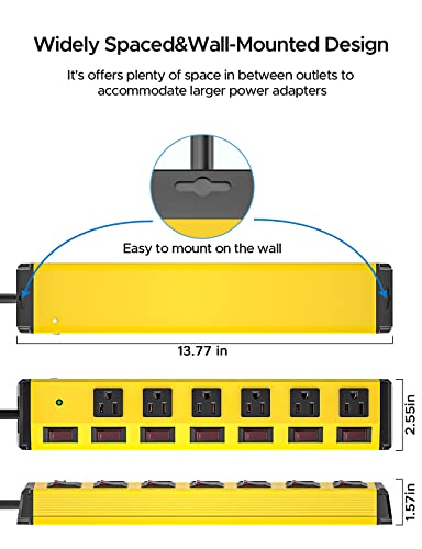 CRST 6-Outlet Metal Power Strip with Individual Switches 15A/1875W, 6FT - color: Yellow, size: 6FT