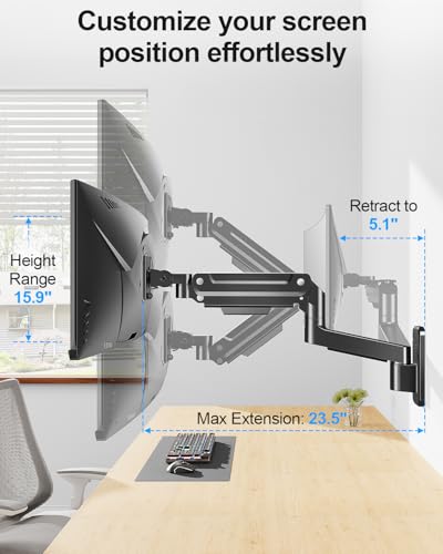 Monitor Wall Mount fits 22"-49" Ultrawide Flat & Curved Screens, Heavy Duty Single Monitor Wall Arm Holds 2.2 to 44 lbs, Full Motion Adjustable Wall Bracket, VESA Mount 75x75mm/100x100mm