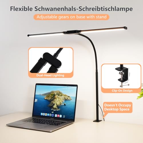 Dual-Head LED Desk Lamp for Office Home, Adjustable Flexible Eye-Caring Desk Light, 5 Modes 10 Brightness Adjustment, USB Adapter Desk Lamp with Clamp-ST-B - style: Double Head Black