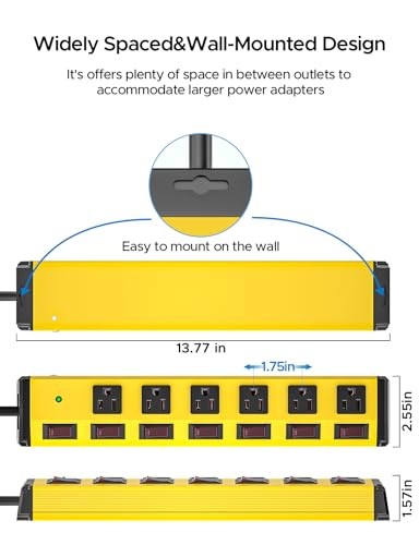 CRST 6-Outlet Metal Power Strip with Individual Switches 15A/1875W, 15FT - color: Yellow, size: 15FT