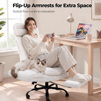 Big and Tall Office Chair, Flip Armrests for Pets & Cross Legged Sitting | Executive Ergonomic Computer Gaming Chair with Foot Rest, Teddy Fleece Wide Seat Reclining Desk Chair, White Vanity Chair - color: Ivory