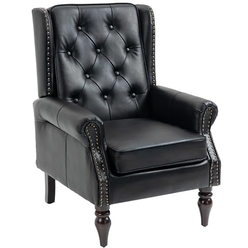 Mid-Century Wingback Chair, PU Leather Accent Chair Armchair with Buttons,Modern Living Room Chairs with Rivet Decoration,Leisure Single Sofa Chair for Bedroom,Club,Home Reception (PU Black) - color: Pu Black