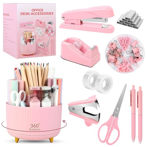 SKYDUE Pink Office Supplies Set, Pencil Holder for Desk,Gel Pen, Stapler, Tape Dispenser, Scissors,Clips and 1000pcs Staples, Office Decor for Women, Pink Desk Accessories - color: Pink giftbox