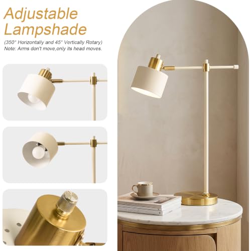 22.2" Modern Desk Lamp, Metal Table Lamp with LED Bulb, Adjustable Reading Lamps for Living Room, Mid Century Nightstand Lamp for Home Office, Industrial Bedside Lamps, Cream and Gold - color: Cream and White