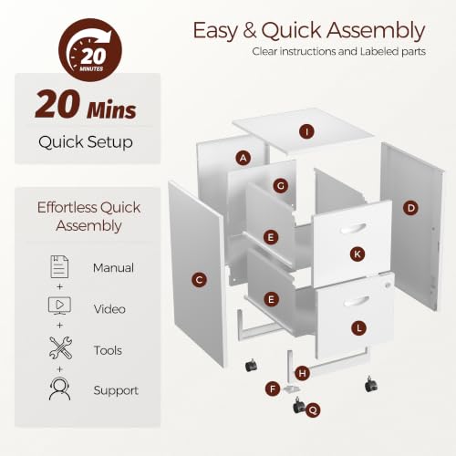 Metal 2 Drawer File Cabinet with Lock & Wheels for Office, White - color: White, style: 2 Drawers Mobile File Cabinet