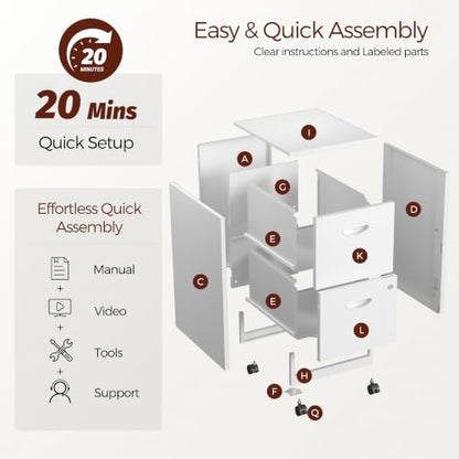 Metal 2 Drawer File Cabinet with Lock & Wheels for Office, White - color: White, style: 2 Drawers Mobile File Cabinet