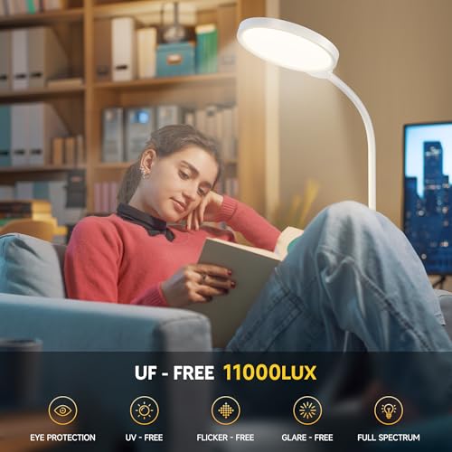 Happy Light Therapy Lamp,11000 Lux Sun Light Lamp with Touch Remote Control | Full Spectrum Light,5 Color Temperatures & 10 Brightness，1H Timer， Light Therapy for Home/Office Use - color: White