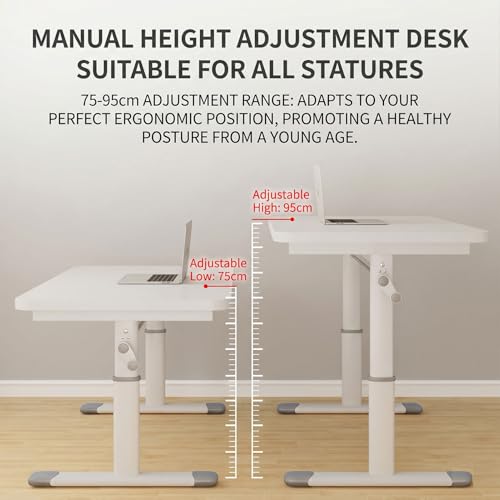 Manual Standing Desk with Reinforced Crossbar, Height Adjustable Desk 75-95cm, Stable Crank Adjustable Computer Desk with Carbon Steel I-Shaped Legs for Home Office, Study Room, Laptop, Writing - size: White (31.5 x 23.62 inch)