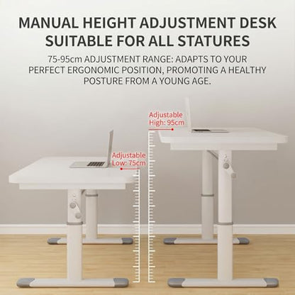 Manual Standing Desk with Reinforced Crossbar, Height Adjustable Desk 75-95cm, Stable Crank Adjustable Computer Desk with Carbon Steel I-Shaped Legs for Home Office, Study Room, Laptop, Writing - size: White (31.5 x 23.62 inch)