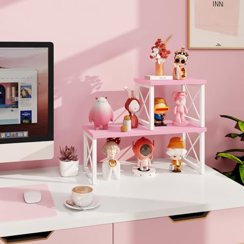 ELITEROO Desktop Shelf, 2 Tier Independent Stackable Desk Stand, Adjustable Freestanding Table Top Mini Bookshelf, Aesthetic Storage Organizers for Women/Girls/Daughter, Pink - color: Pink