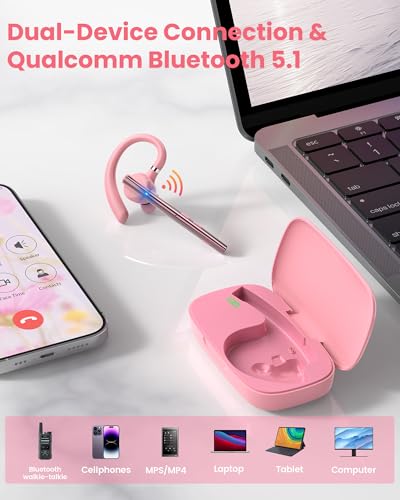 New Bee Bluetooth Headset V5.1 72H Talk Time Dual Mic with Mute Button for Business, Wireless Hand-Free Bluetooth Earpiece with 500mAh Charging Case for Cell Phone Calls Trucker Driver Laptop - color: Pink
