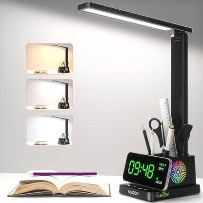 Study Desk Lamp for Office Home, Eye-Caring Desk Light with USB Port & RGB Phone Holder, 3 Color×4 Brightness, Adjustable Arm, Touch-Control Lamp for Kids/Reading (Black)