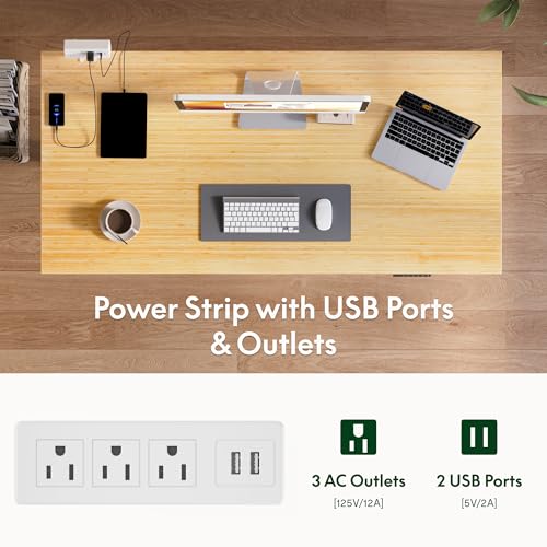 FLEXISPOT EN2 55"x28" Bamboo Electric Standing Desk with Power Strip | Solid Bamboo Desktop, Cable Management, Convenient Clamp Power Strip, And Clean Home Office Setup, White Frame - color: Bamboo Top + White Frame, size: 55x28"
