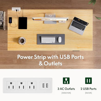 FLEXISPOT EN2 55"x28" Bamboo Electric Standing Desk with Power Strip | Solid Bamboo Desktop, Cable Management, Convenient Clamp Power Strip, And Clean Home Office Setup, White Frame - color: Bamboo Top + White Frame, size: 55x28"