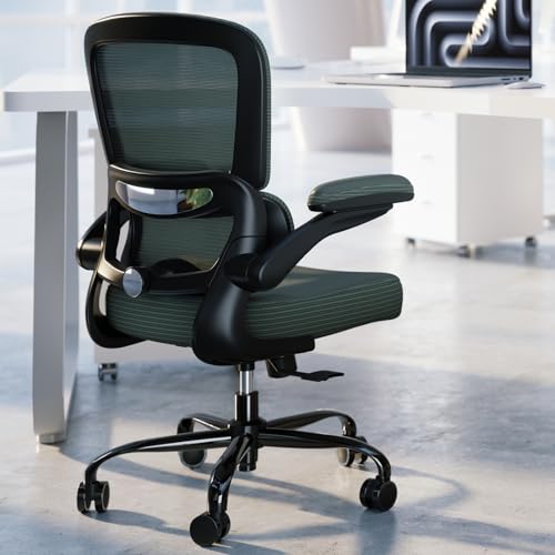 TRALT Ergonomic Office Chair Desk Chair with Adjustable Lumbar Support | Desk Chair Comfy with Flip-up Armrests Ergonomic Chair - Mesh Computer Chairs for Adults, 330lbs, PU Leather (Dark Green, 1) - color: Dark Green, size: Pack of 1