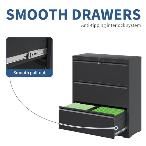 3 Drawer File Cabinet with Lock, Metal Lateral Filing Cabinets - color: Black, size: 3 Drawer_ 26"W