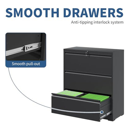 3 Drawer File Cabinet with Lock, Metal Lateral Filing Cabinets - color: Black, size: 3 Drawer_ 26"W