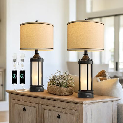 25'' Table Lamps for Bedroom Living Room Lamps Set of 2 Farmhouse Nightstand Bedside Lamps with USB Ports, Built-In Frosted Glass Night Light Industrial Metal Night Stand Lamp, Bulbs Included, Black - color: Metal Black - Set of Two