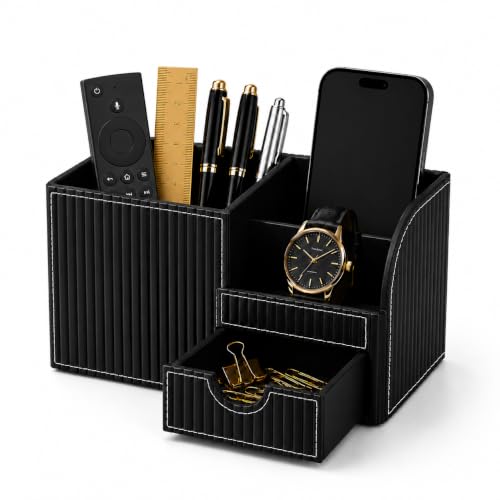 Executive Leather Desk Organizer with Drawer, Modern Black Desk Accessories for Men, Premium Office Desk Organizer with Pen Holder & Storage Compartments for Home Office - color: Matte Black