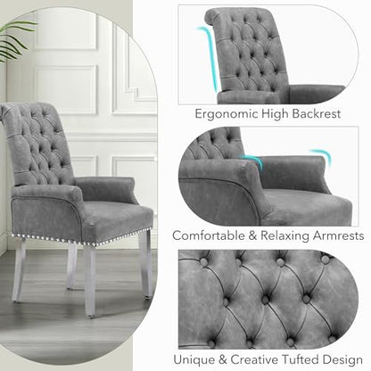 PU Leather Dining Chairs with Arms, Upholstered Dining Room Chairs, Grey | Upholstered, High Back, Tufted, Luxurious, Stainless Steel Leg, for Kitchen & Dining Room - color: Pu, size: 1 PCS