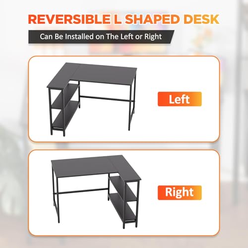 L Shaped Computer Desk, 43 Inch Corner Desk with Reversible Storage Shelves, Home Office Desk with Metal Frame, Modern Simple Style for Home Office, Living Room, Bedroom, Black - size: 43 inch