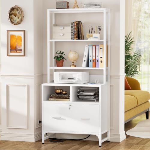 Homieasy Vertical File Cabinet with Shelves and Charging Station, White - color: White
