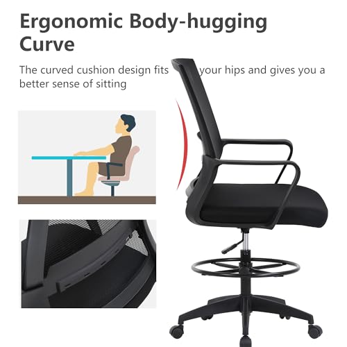 BestOffice | Tall Drafting Chair | Black | with Lumbar Support | Adjustable Seat Height & Footrest | Ergonomic Mesh Back, 360 Swivel & Rolling Wheels | For Home, Office, Workspaces - color: Black