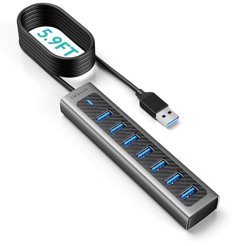 GiGimundo USB Hub 3.0, 8-Port USB Hub Long Cable 6 FT with 7-USB3.0 Data Ports and TypeC 5V/3A Power Port, Aluminum 5Gbps USB Splitter for PC, Laptop, Desktop, Computer, PS5, XPS(Gray,1.8M) - size: 7 Ports-6FT