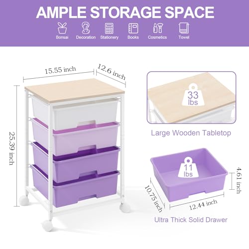 Utility Cart with 4 Drawers, Rolling Storage Cart with Drawers, Purple - color: Purple, size: 4 Drawers