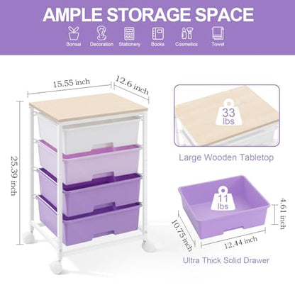 Utility Cart with 4 Drawers, Rolling Storage Cart with Drawers, Purple - color: Purple, size: 4 Drawers