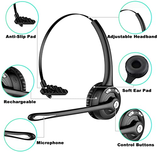 Bluetooth Headset with Microphone 12 Hours Talking Time for Trucker Wireless HeadsetsTruck Driver Call Center Skype Home Office PC