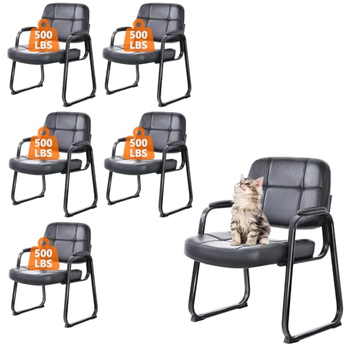 CLATINA Big Tall 400 lbs Waiting Room Chairs with Padded Arms Leather Guest Chair no Wheels for Office Reception Lobby and Conference Desk with Sled Base, Black, 6PK - color: Black-sledbase, size: 6PK
