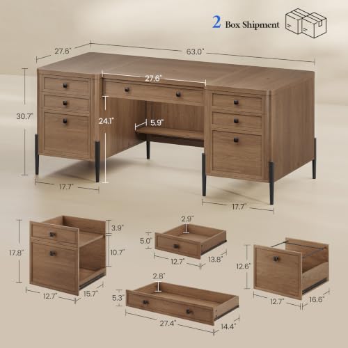 63" W x 27.6" D Executive Desk with 2 Cabinets & 6 Drawers, Farmhouse Home Office Desks with Keyboard Tray, Large Boss Desk with Privacy Panel, Modern Table with Open Shelf and File Drawer - color: Brown