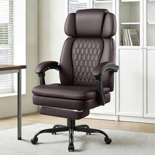 Office Desk Chair with Foot-Rest 400lbs, Heavy Duty Executive Office Chair, Comfy High Back Ergonomic PU Leather Reclining Desk Chair with Lumbar Support, Brown - color: Brown