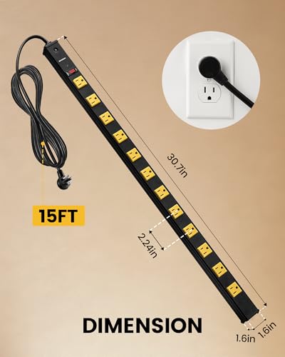 SURAIELEC 12 Outlet Metal Power Strip, 15FT Cord Surge Protector, 2 Pack - size: Flat Plug - 2 Pack