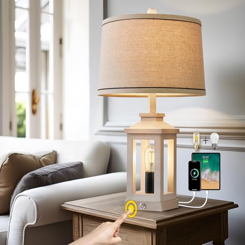 Farmhouse Table Lamps for Living Room 23.75" Bedroom Nightstand Lamps White | Touch Lamps with Three-level Dimming Nightlight, Bulbs Included, USB Charging Ports, Vintage Bedside Rustic Side Table Lamp - color: White