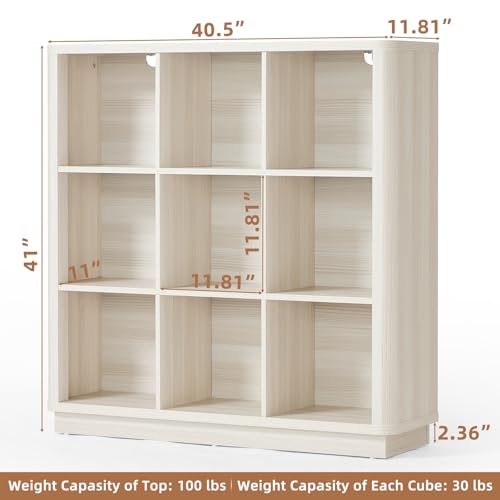 9 Cube Storage Book Shelf, 41" Tall Organizer Bookcase with Curved Edge, Wood Floor Standing 3-Tier Cubby Bookshelf with Base, Vintage Display Book Case for Bedroom,Office,White-Grey Cream Oak - color: Gray-white Cream Oak, size: 9 Cube (11.81"D x 40.5"W